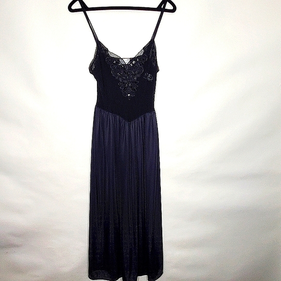 Vintage Cinema Etoile Beaded Slip Dress Size M Black Mesh Lace Sequin Retro Glam - Picture 5 of 16